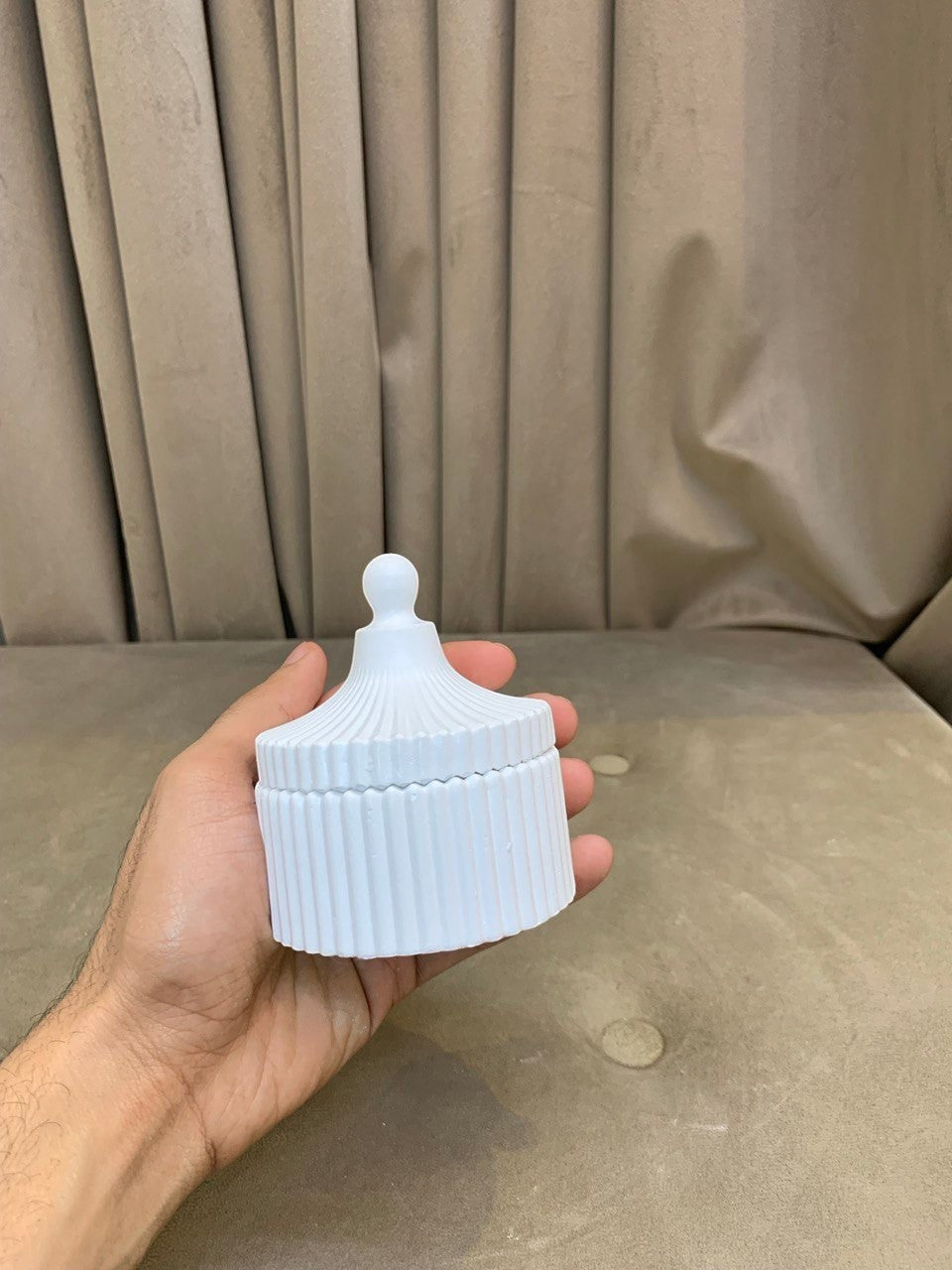 Fluted Trinket Jar - Polished Concrete Ribbed Storage Box