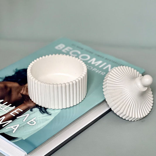Fluted Trinket Jar - Polished Concrete Ribbed Storage Box