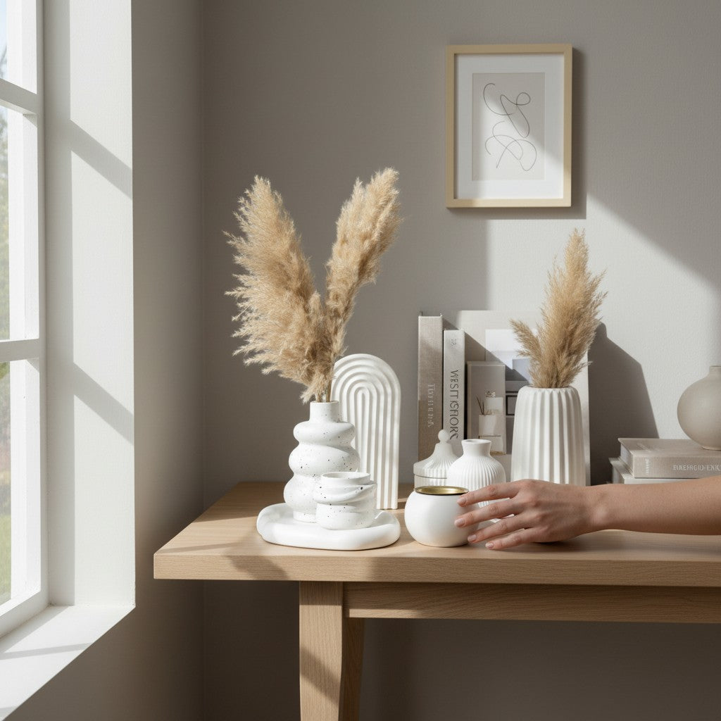 مجموعة ديكور Decorify المكونة من 10 قطع خرسانية بيضاء لامعة مع نباتات البامباس على طاولة خشبية بتصميم نورديك بسيط