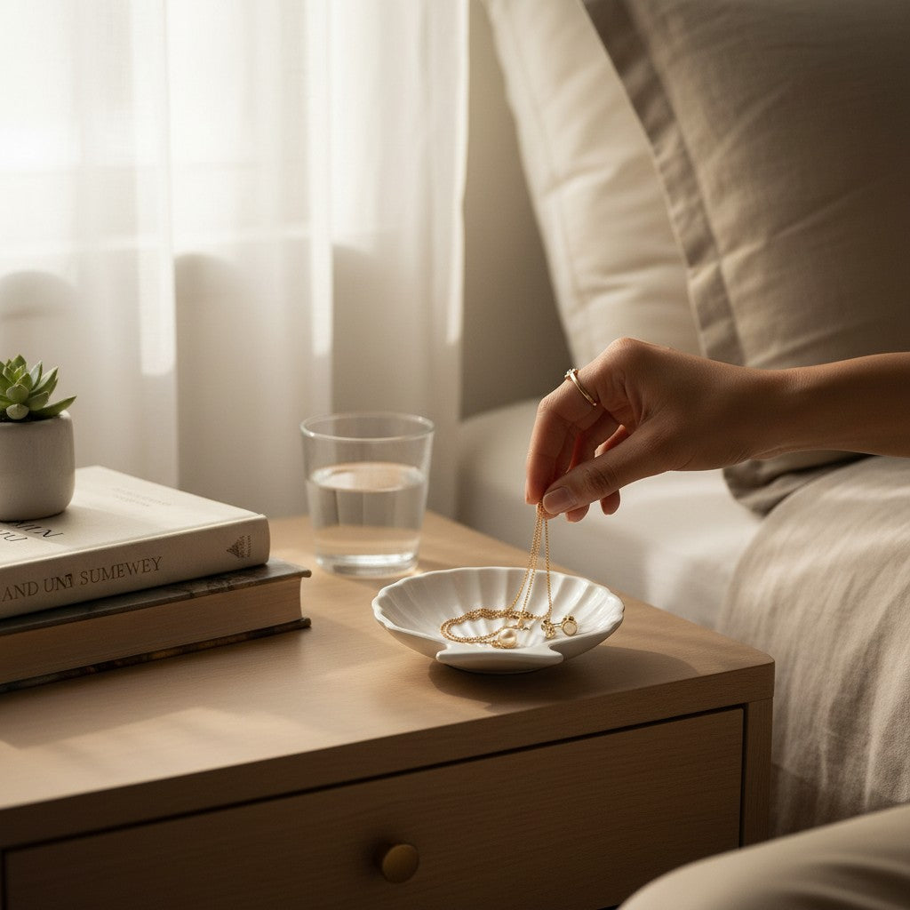 طبق صدف من الخرسانة المصقولة باللون الأبيض من Decorify يوضع على طاولة جانبية ويستخدم لحفظ المجوهرات بلمسة ساحلية أنيقة