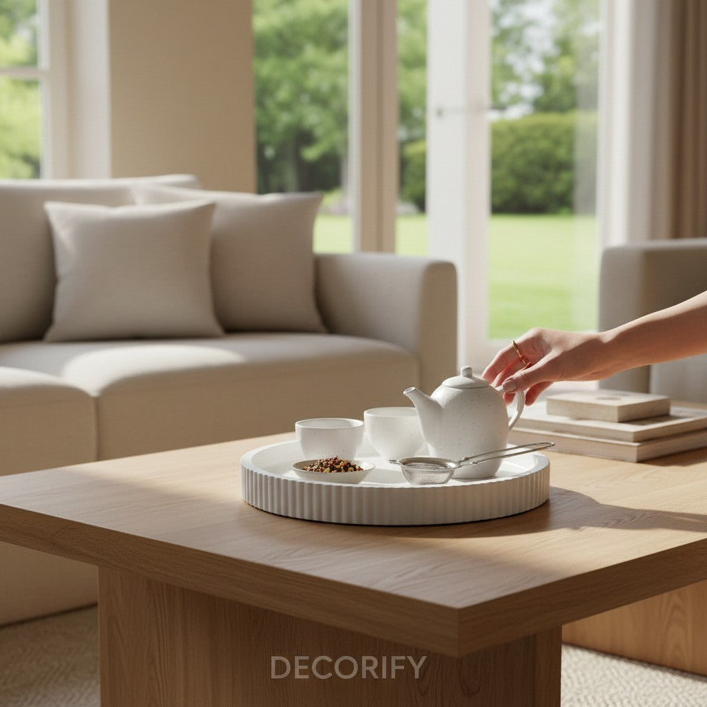 صينية Decorify دائرية مضلعة من الخرسانة المصقولة باللون الأبيض اللامع تستخدم لتقديم الشاي على طاولة خشبية في غرفة معيشة عصرية