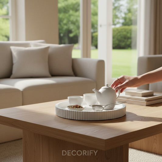 صينية Decorify دائرية مضلعة من الخرسانة المصقولة باللون الأبيض اللامع تستخدم لتقديم الشاي على طاولة خشبية في غرفة معيشة عصرية