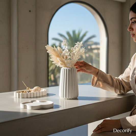 مزهرية Decorify مضلعة بيضاء من الخرسانة بلمسة لامعة مع زهور مجففة على طاولة بجانب نافذة مقوسة