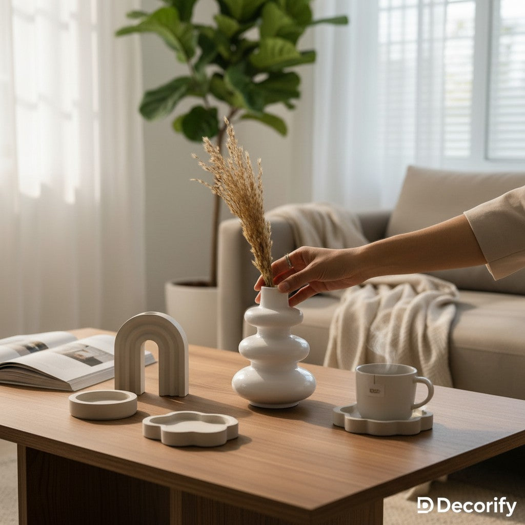 مزهرية Decorify ذات طبقات من الخرسانة المصقولة باللون الأبيض اللامع مع نباتات مجففة على طاولة خشبية في غرفة معيشة عصرية.
